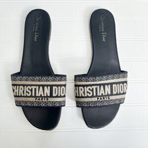 Christian Dior Dway Slides Black Navy Embroidered Logo Sandals 41 Slip-On Flats